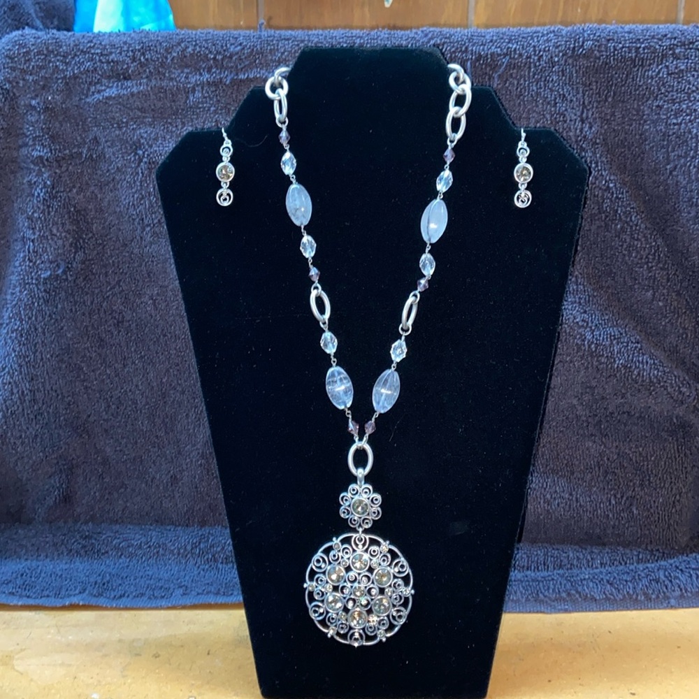 Lia Sophia Grey Gem Stone Earring, Necklace, and Pendent Set